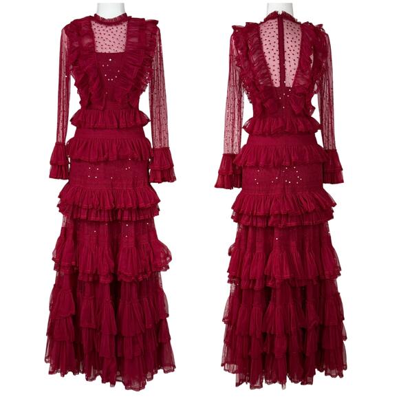 Mac Duggal NWOT Red Sequin Tiered Lace Ruffle High Neck Mesh Victorian Gown Sz 2 - Picture 1 of 8